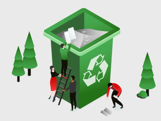 Green recycling bin, trees, and people recycling