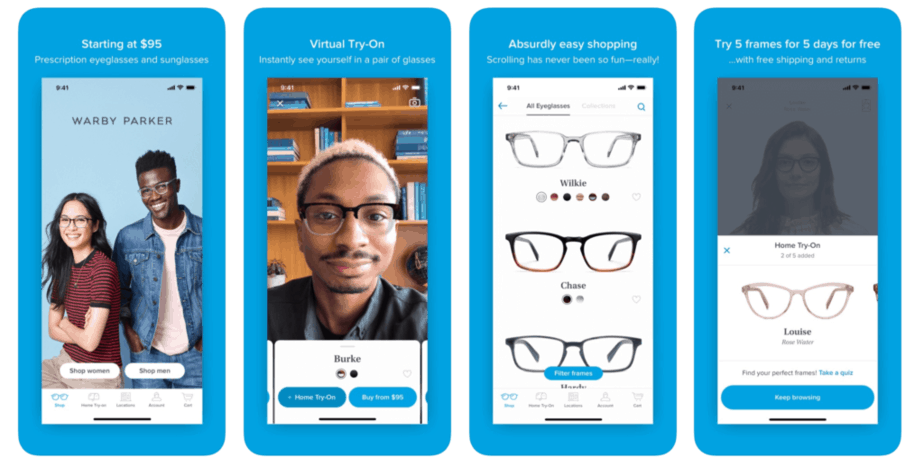 Screen shots of the five day trial program provided by Warby Parker
