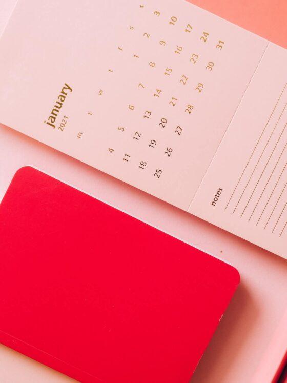 Pink January 2021 calendar next to red diary and on pink background.